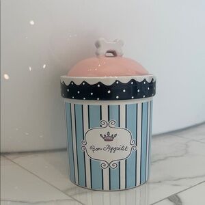 Ceramic Dog Treat Canister — Pink Lid & Blue Striped Body